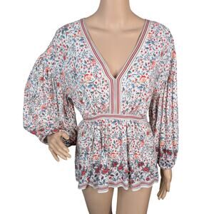 Max Studio White Floral V-neck Tie Back Puff Sleeve Peasant Blouse Top SZ M